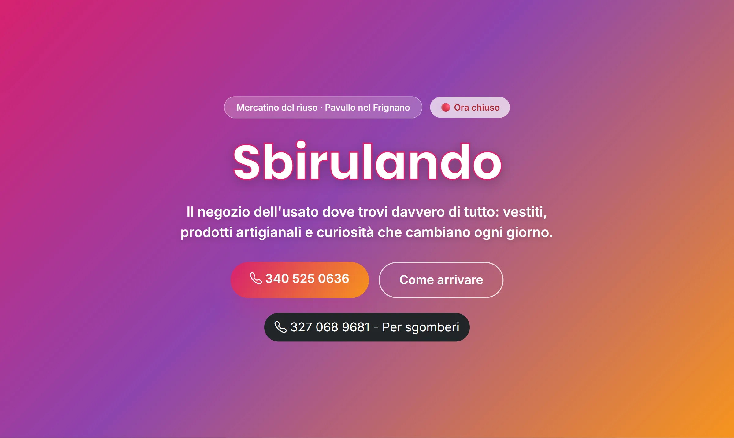 Schermata del sito Sbirulando: titolo su sfondo a gradiente magenta e arancio
